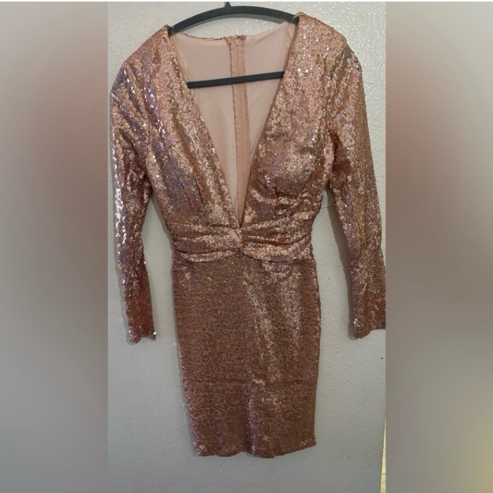 Party Dress Shimmer Rose Gold Sequin Deep V Cut with bra shelf zipper back small